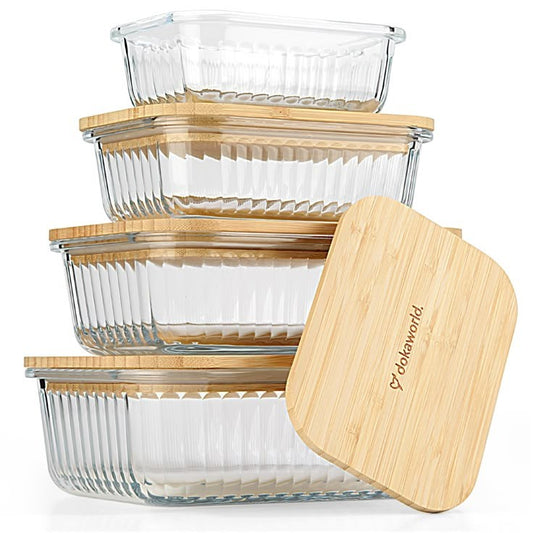 3pc ribbed glass food containers with bamboo lids