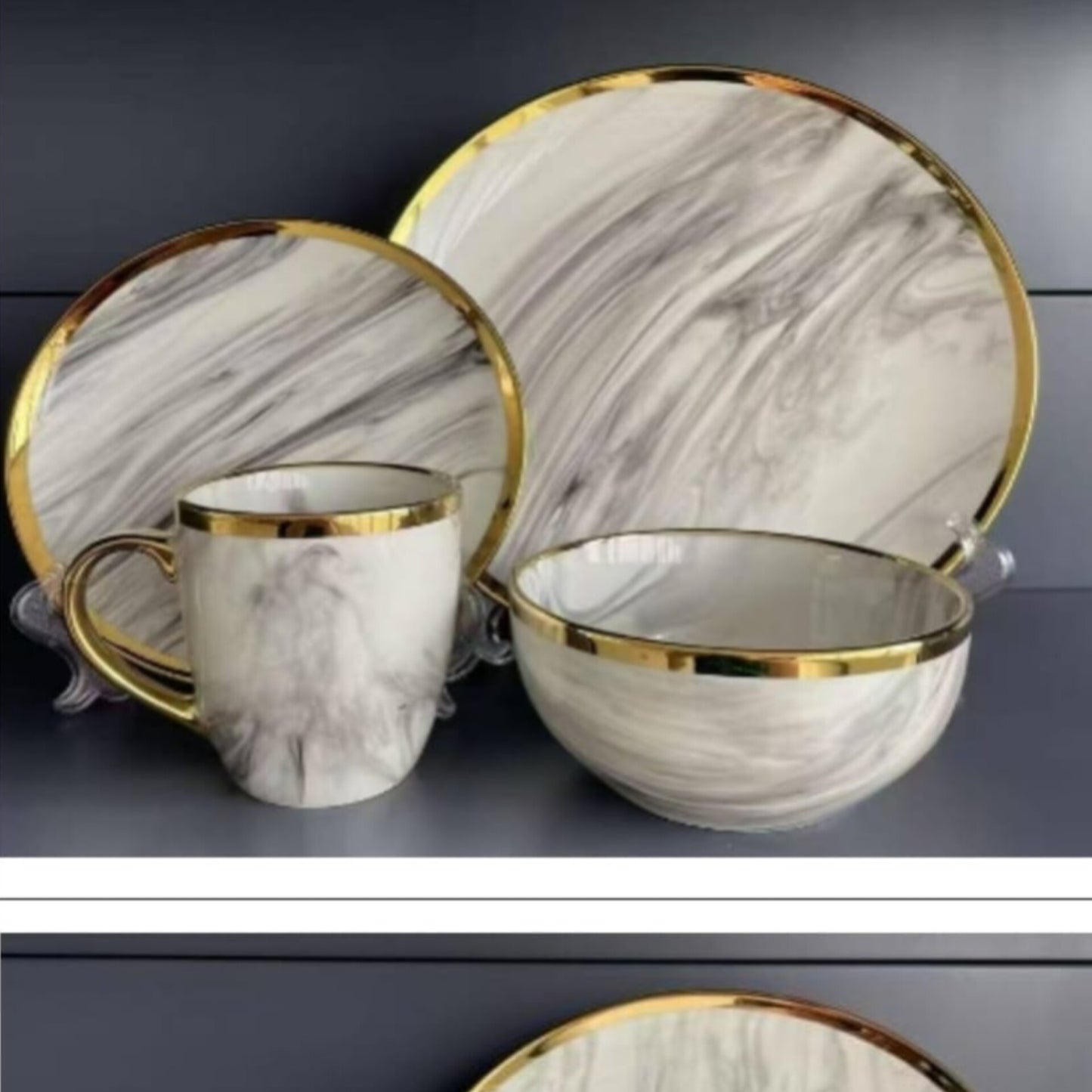 24 Pcs Marble Ceramic  Dinnerware Set with Gold Trim