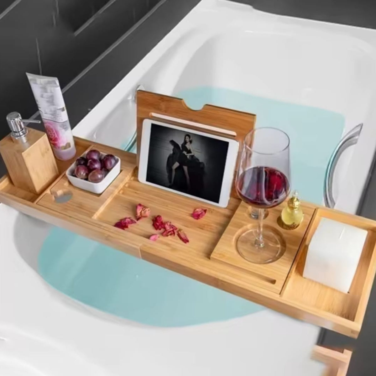 Bamboo Bathtub Rack Caddy | Wooden Bathtub Organizer