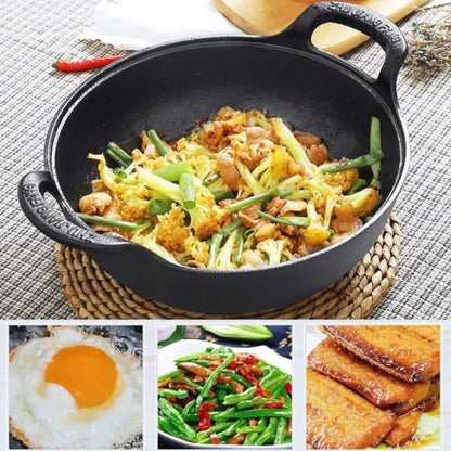 Pre-seasoned Pure Cast Iron Flat Bottom Wok with Wooden Lid