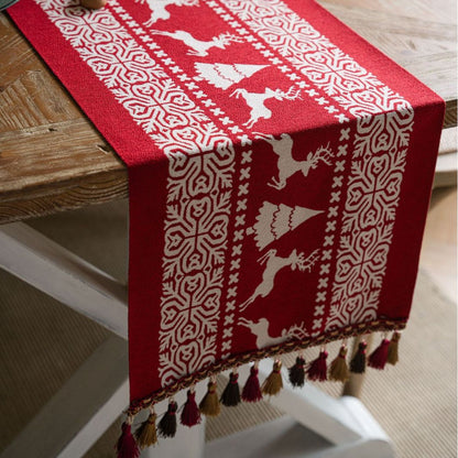 Reindeer Snowman Jacquard Table Runner With Tassels