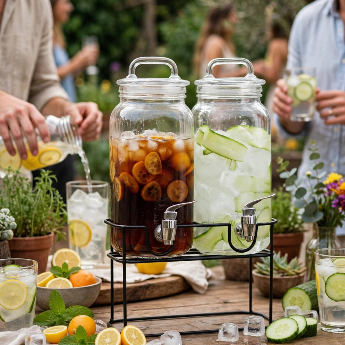 Double Glass Juice Dispenser Set with Black Stand