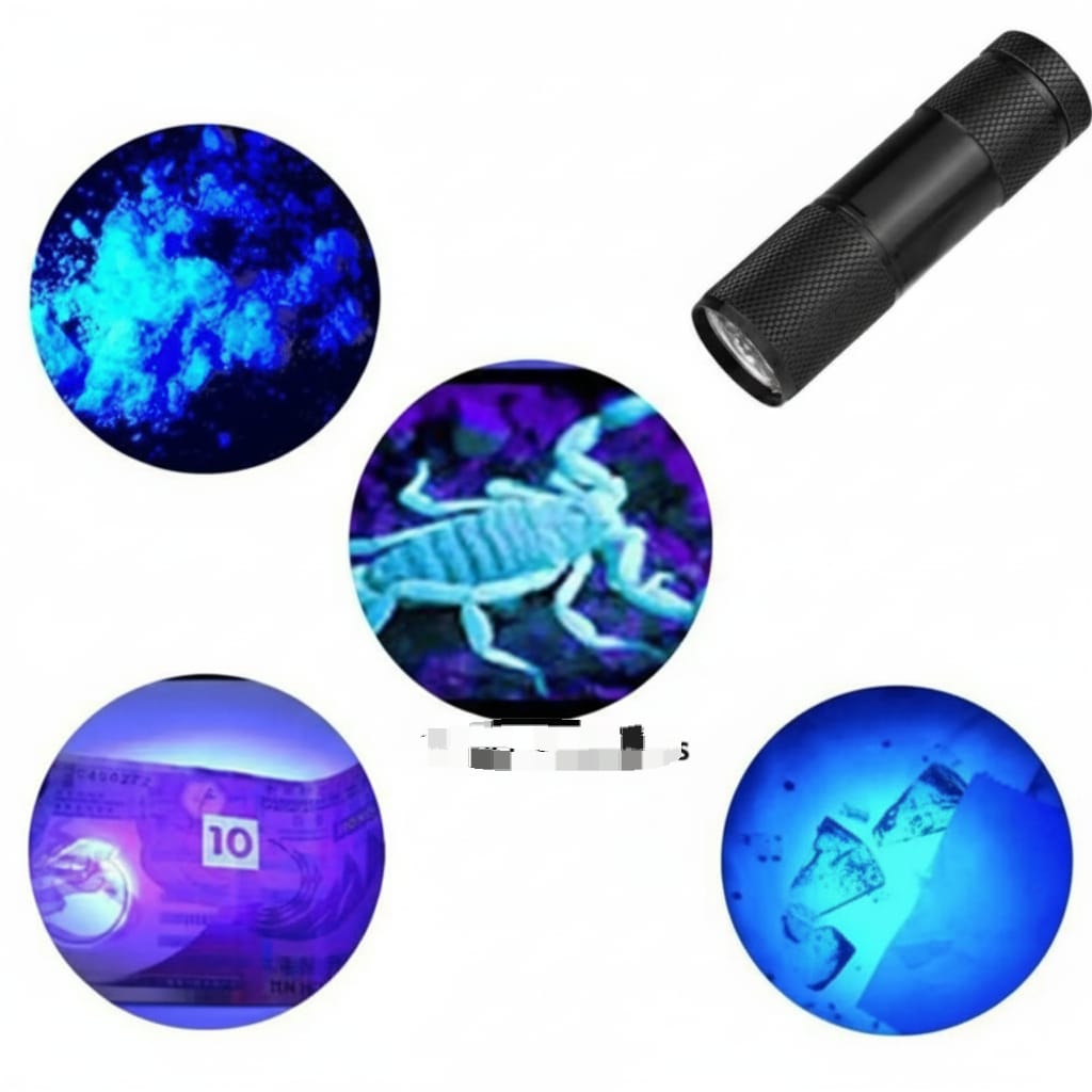 Black flashlight with UV light effects on a white background