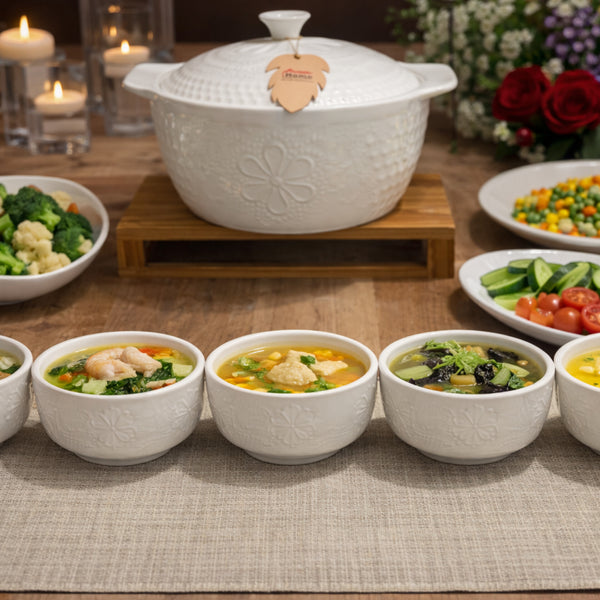 White ceramic dish with soup bowls