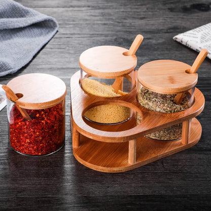 3pc glass spice containers with bamboo holder
