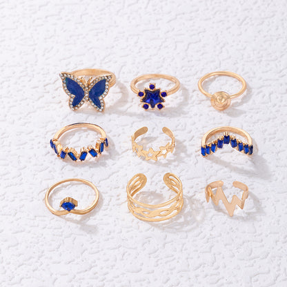 9pc Butterfly Rose Ring Set