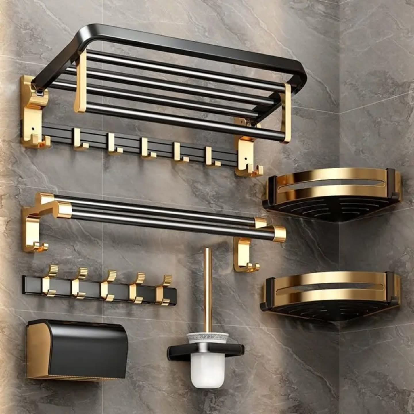 7 Pc gold black aluminum bathroom set