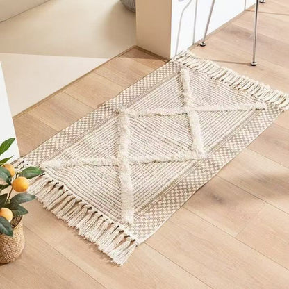Bohemian bedroom rug with tassels