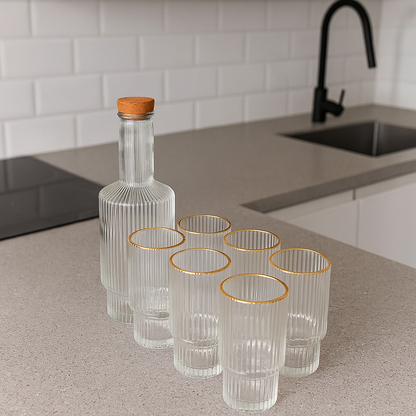 6Pc Ribbed glasses with decanter gold rim gha