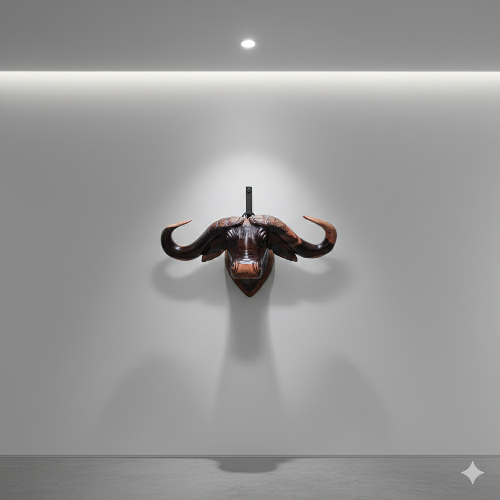 Hand-carved buffalo head sculpture with wide horns, 39 cm wide