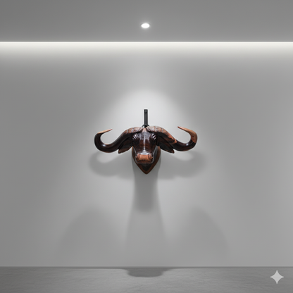 Hand-carved buffalo head sculpture with wide horns, 39 cm wide