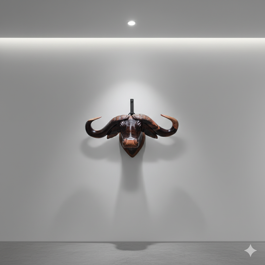 Hand-carved buffalo head sculpture with wide horns, 39 cm wide