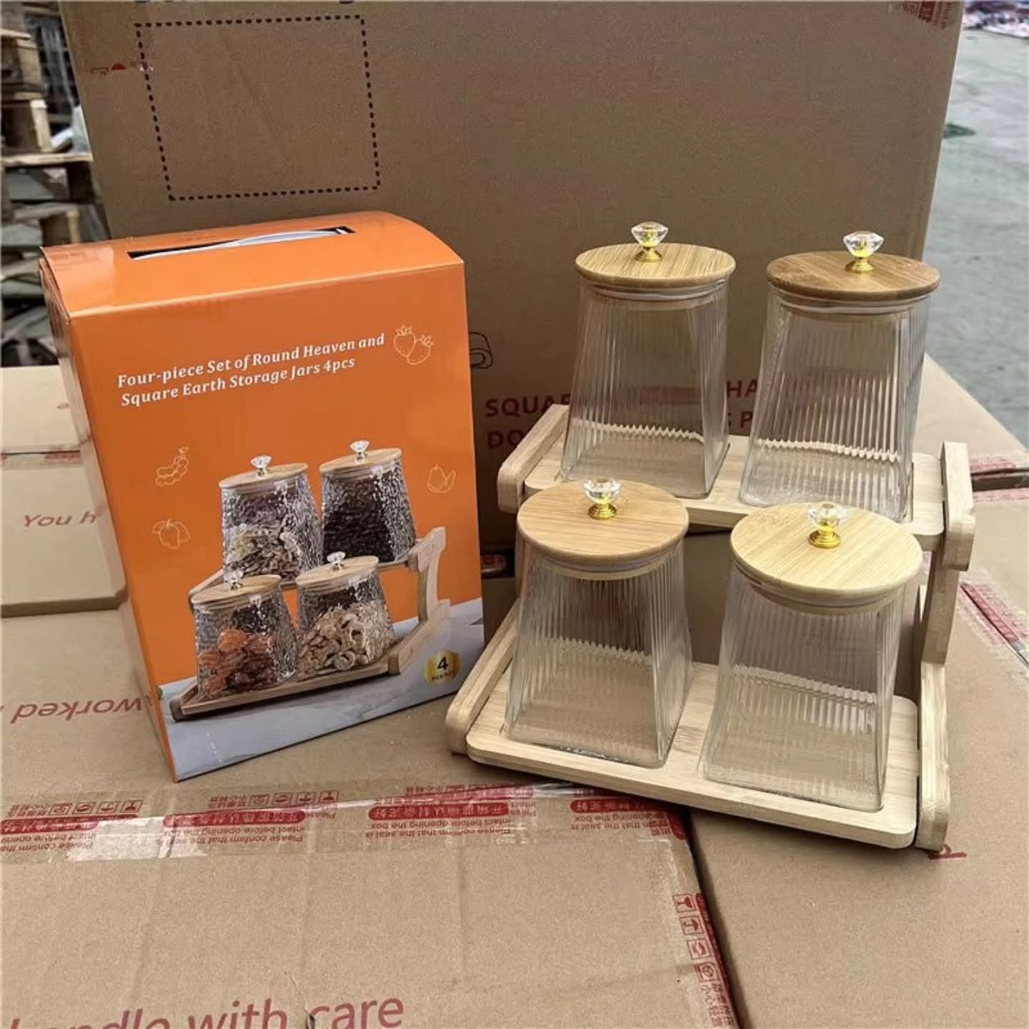 4 Piece  Glass Spice Jars with Bamboo Stand