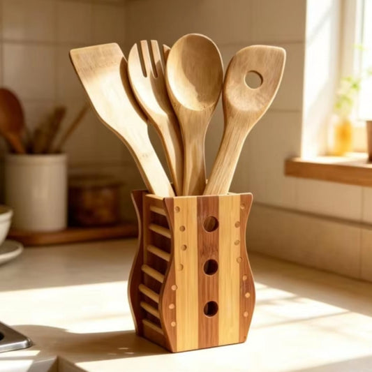 6pc  Bamboo Cutlery Set With Holder