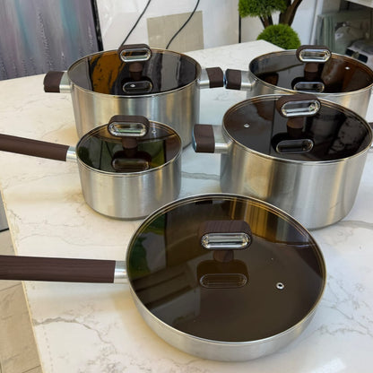 10Pcs Stainless Steel Cookware Set With Wood Look Handles