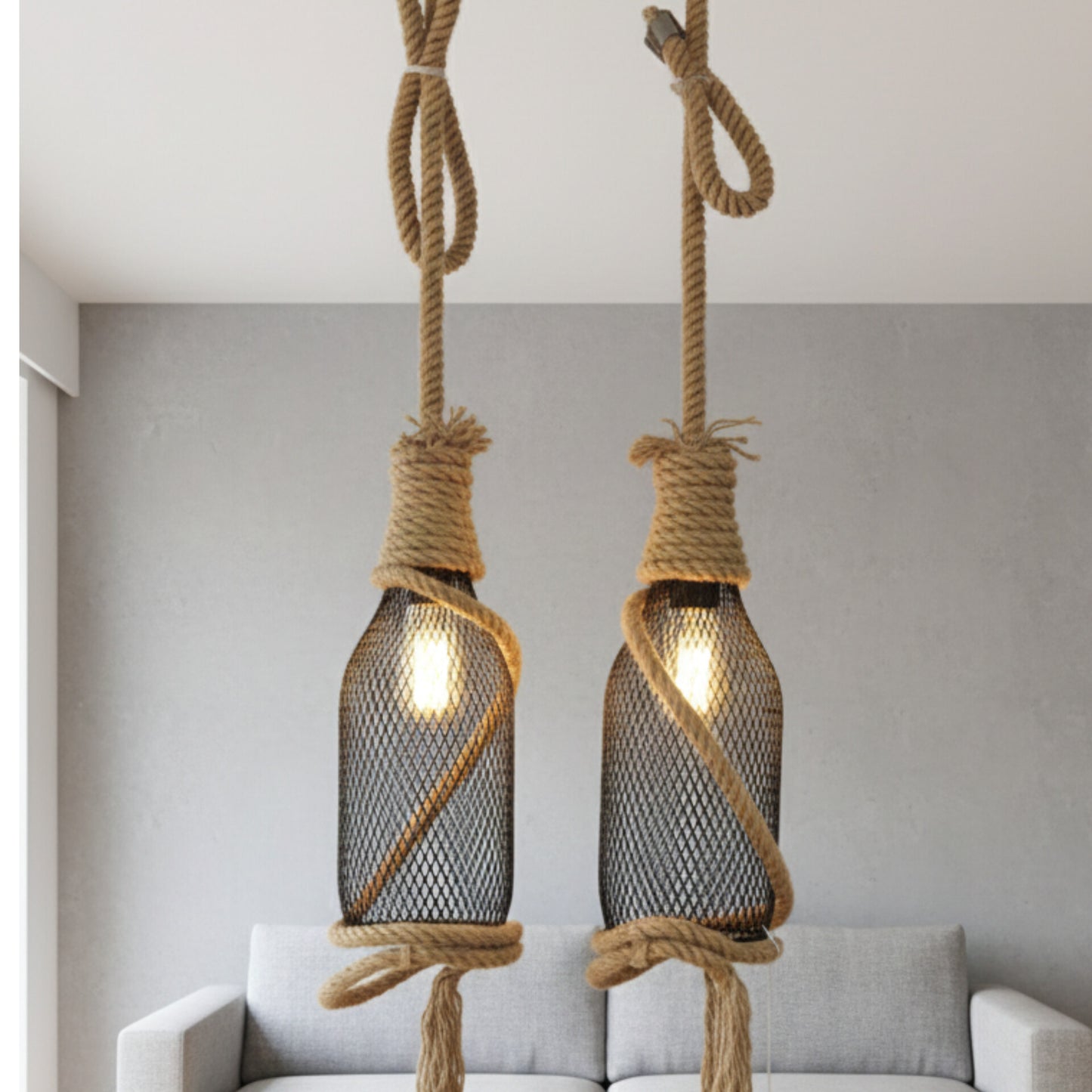 Rope and Mesh Pendant Light With Bulbs