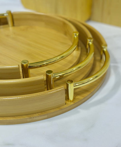 3Pc Round bamboo serving trays
