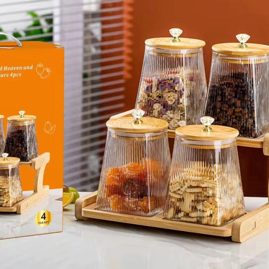 4Pc Spice Jars with Bamboo Rack