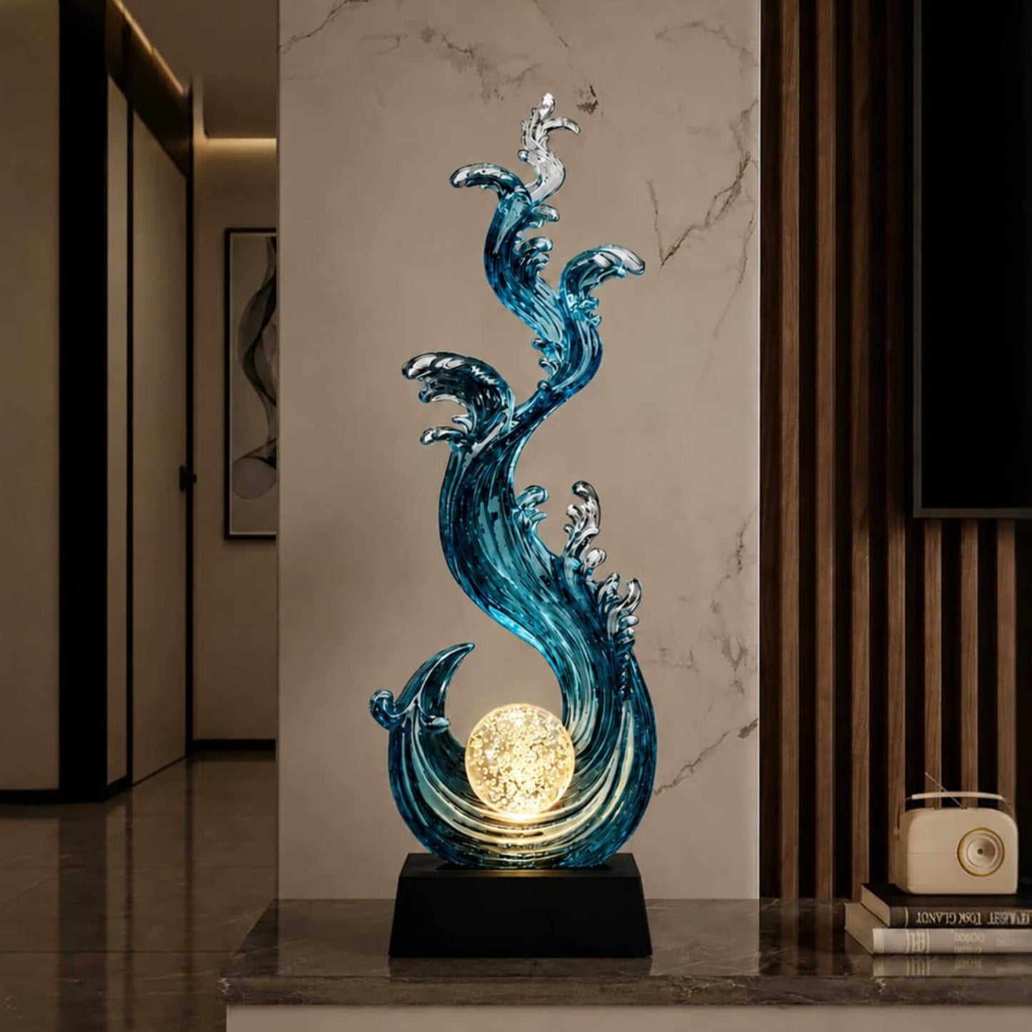 Blue and Clear Resin Ocean Wave Sculpture with Crystal Ball
