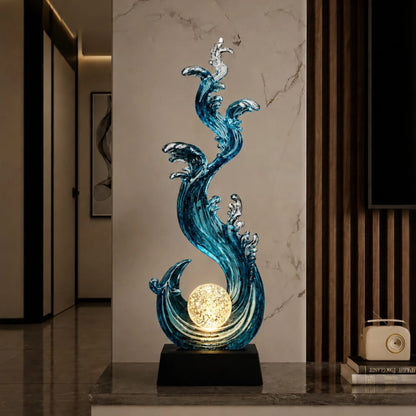 Blue and Clear Resin Ocean Wave Sculpture with Crystal Ball