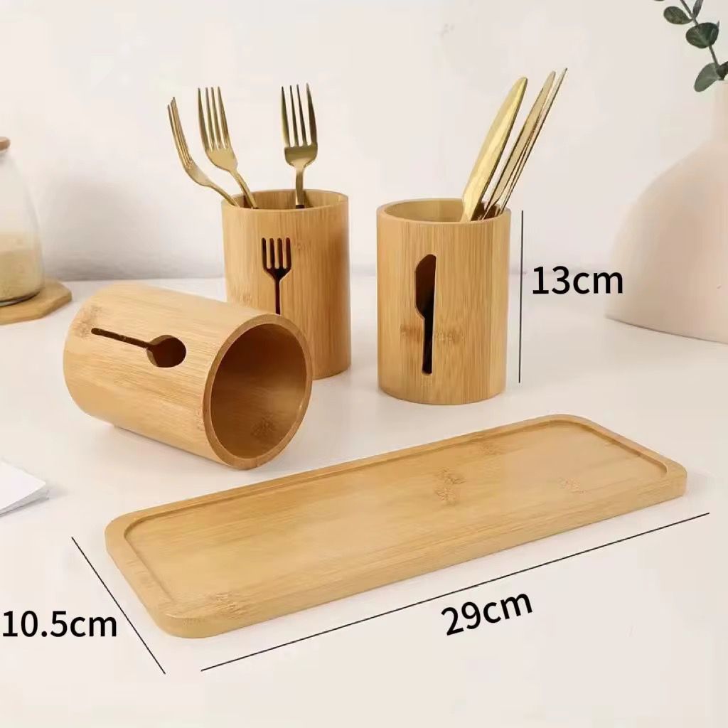 Bamboo Cutlery Organizer Set with Base Tray