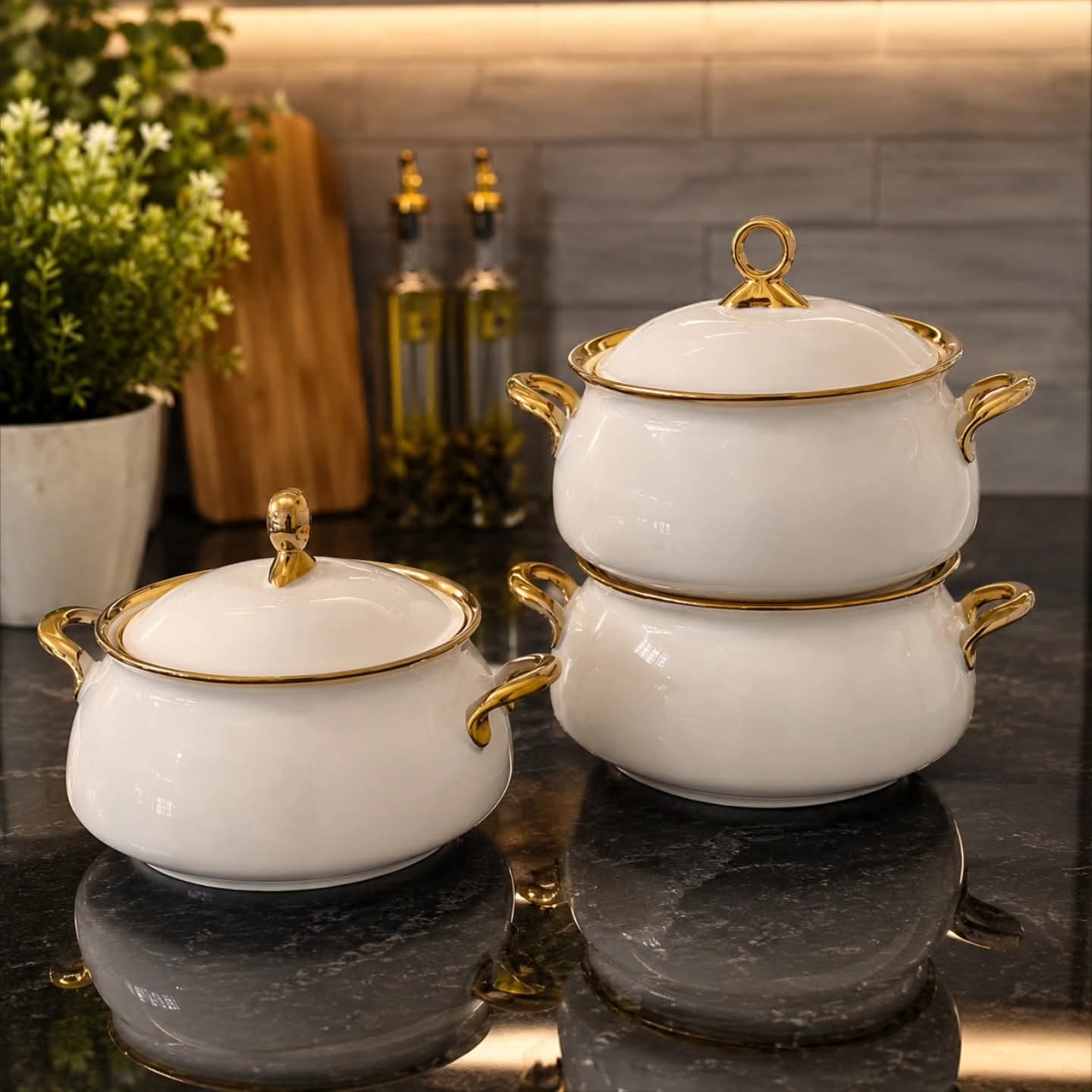 3Pc Gold Line Ceramic Serving Dish Set