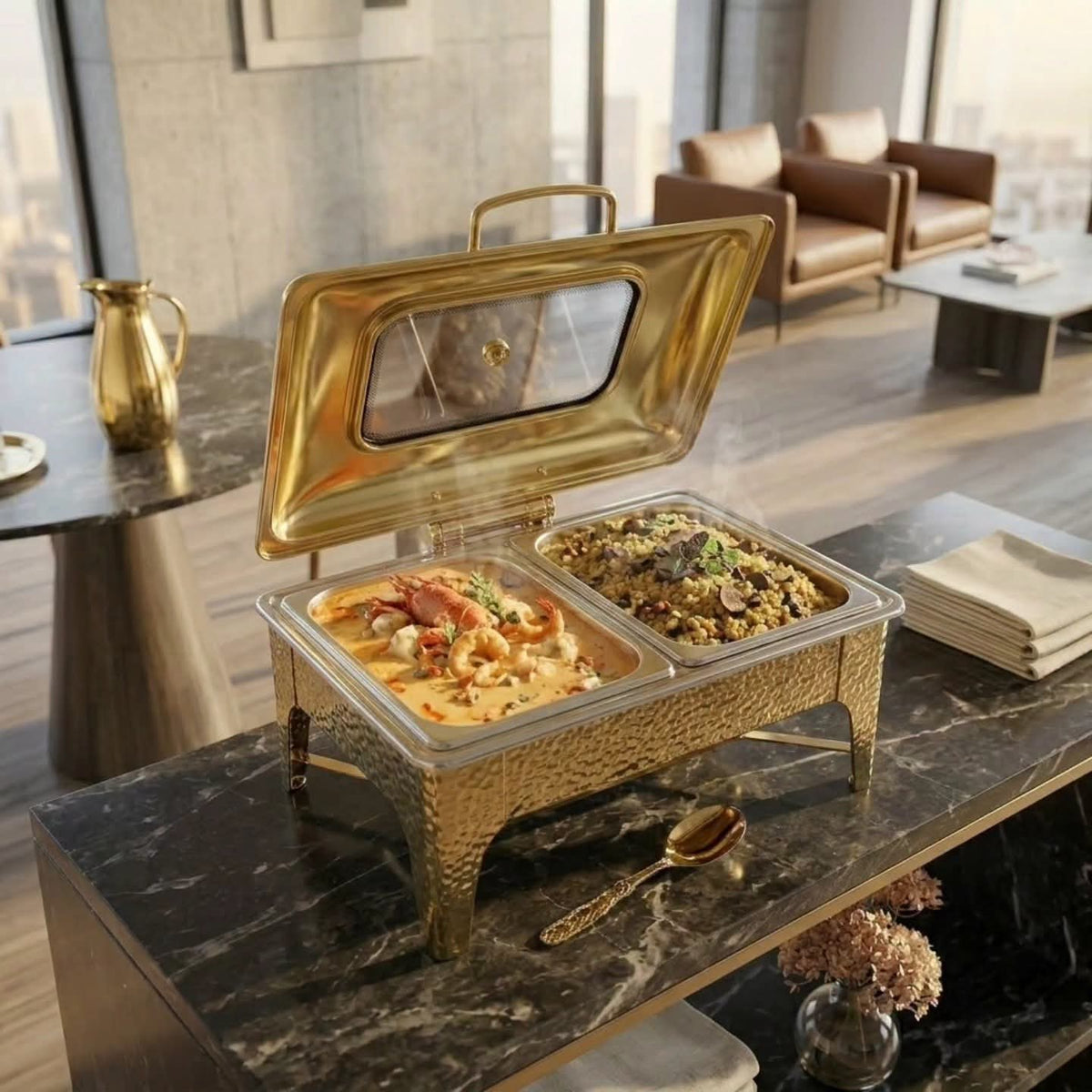 8 Litres Double Partition Gold Chafing Dish