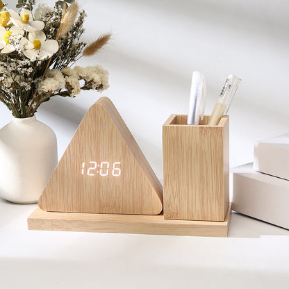 Digital LED Wooden Clock and Stationary Desk Organizer Set
