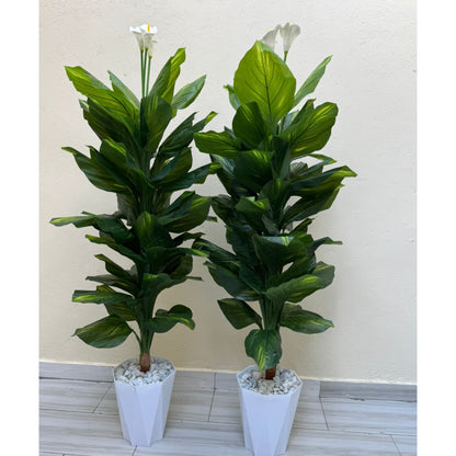 tall artificial Peace Lily plants, 180cm, in white geometric vases with white decorative pebbles