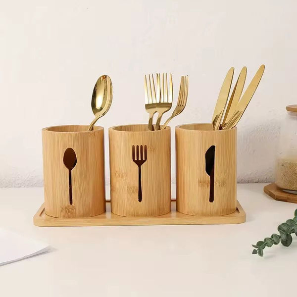 Bamboo Cutlery Organizer Set with Base Tray