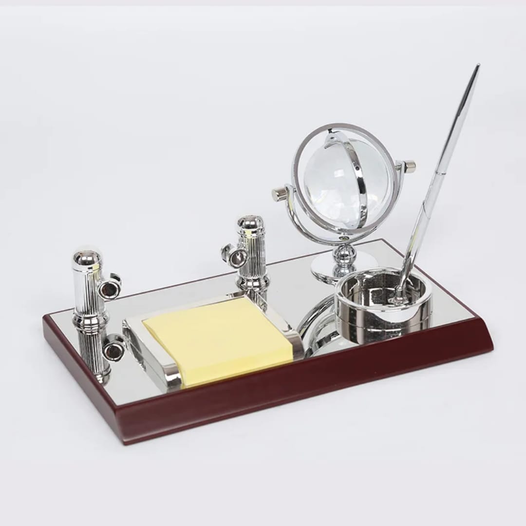 Mirror Wooden Desktop Organiser with Crystal Ball Business Card Holder and Pen Holder