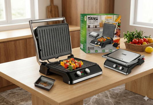 2200W Electric Grill with Timer and Non Stick Plates