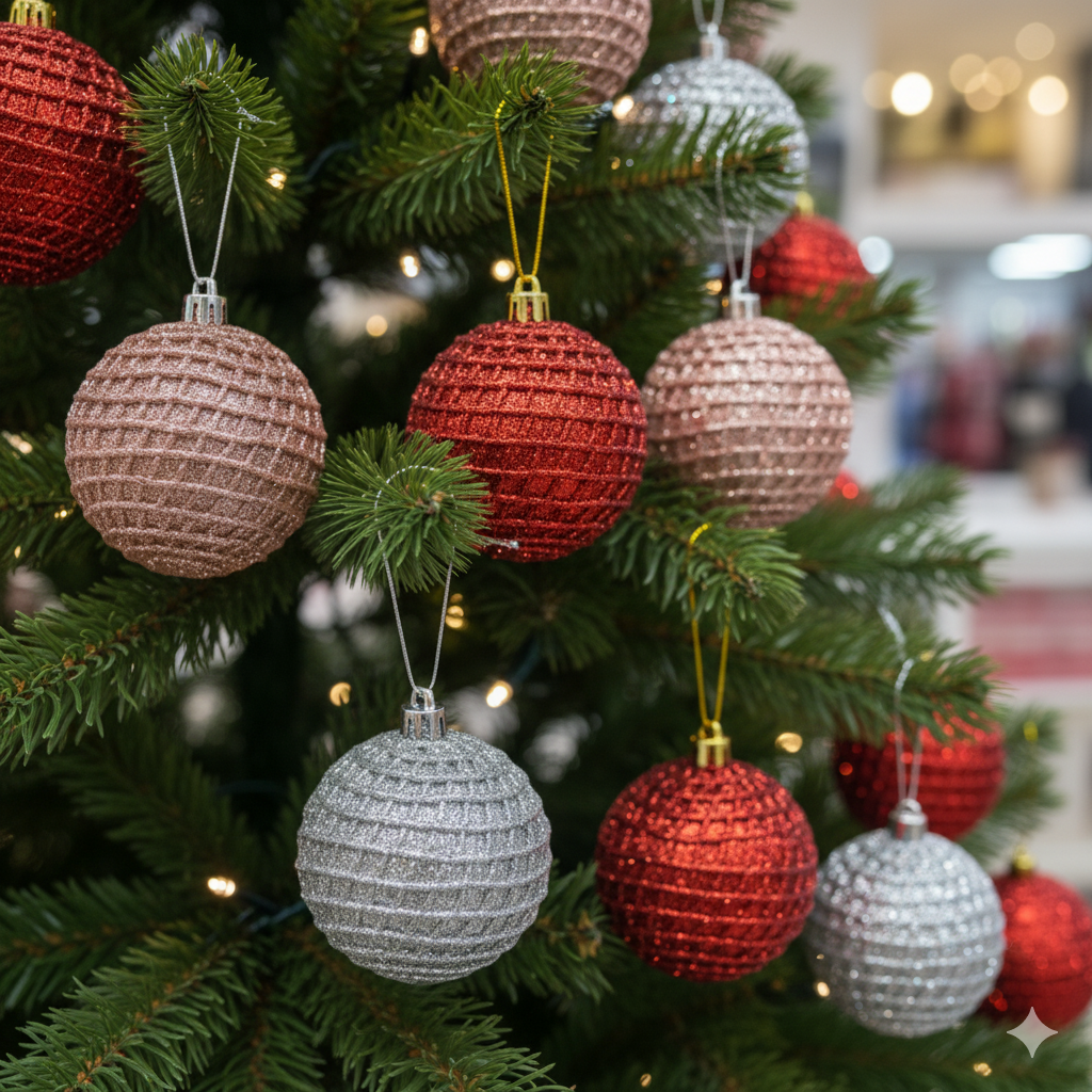 Decorative Christmas tree ornaments in red, silver, and gold 