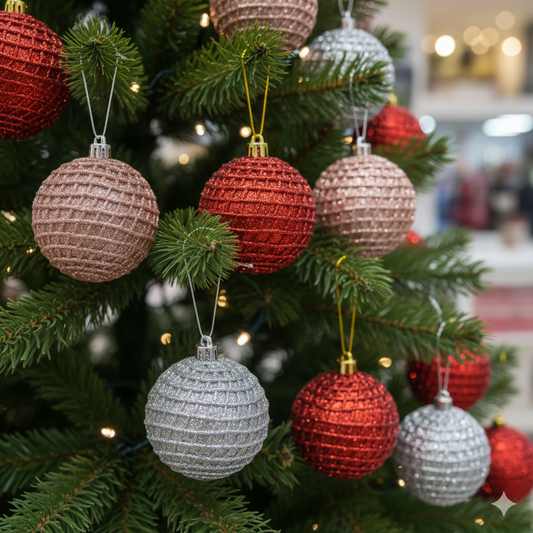 Decorative Christmas tree ornaments in red, silver, and gold 