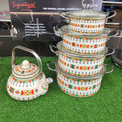 Enamel cookware set with tea pot
