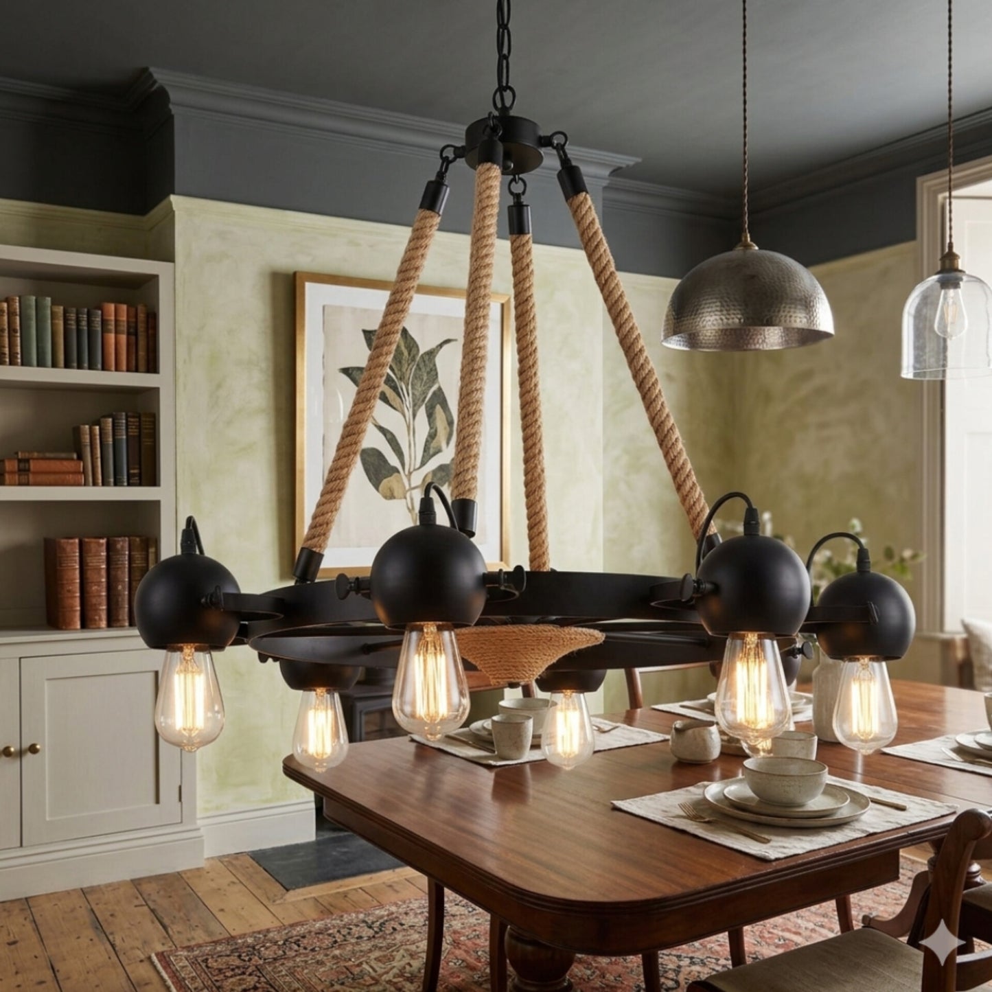 Wheel Chandelier with Rope Accents With Bulb