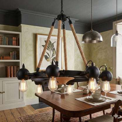 Wheel Chandelier with Rope Accents With Bulb
