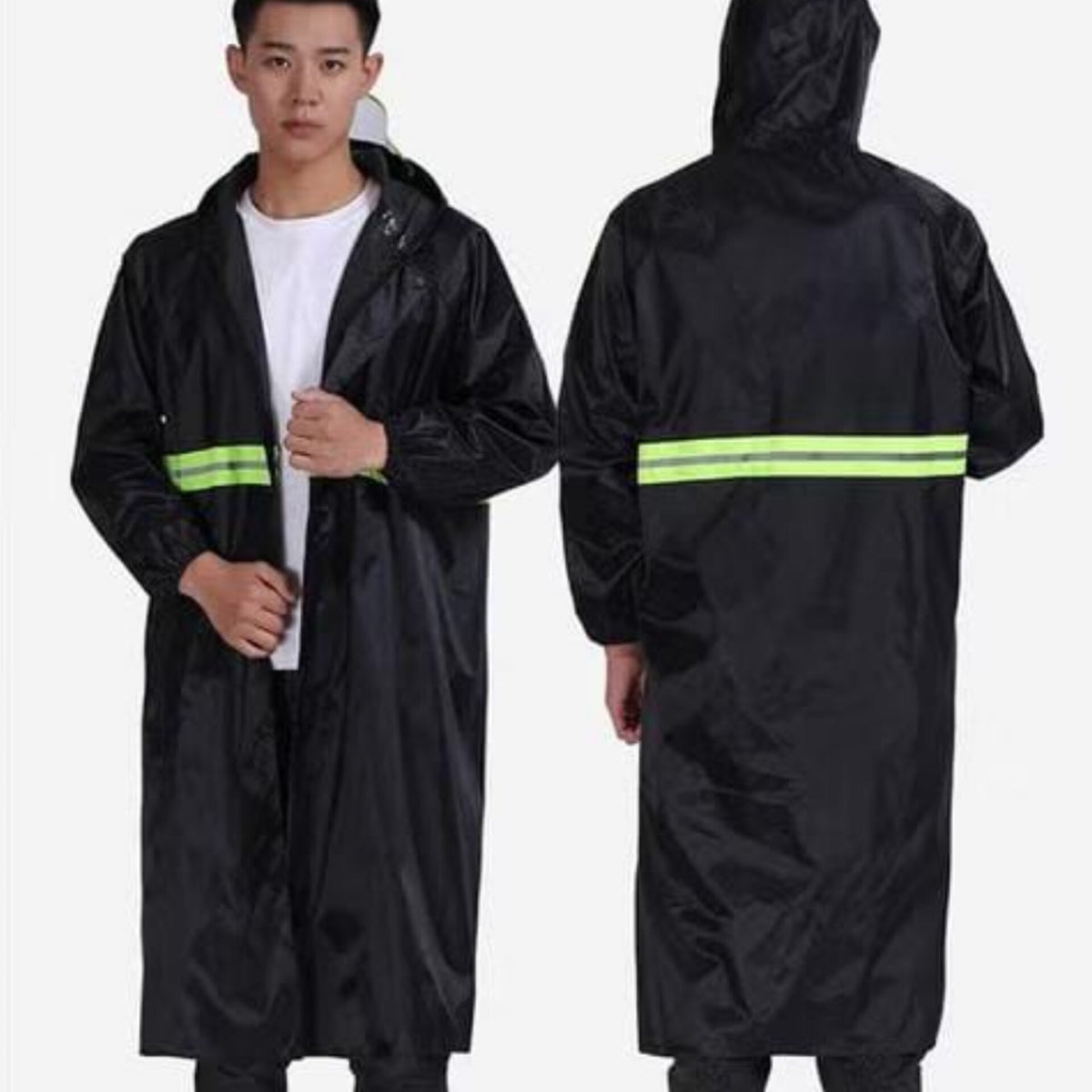 Long Black Adult Waterproof Hooded Raincoat