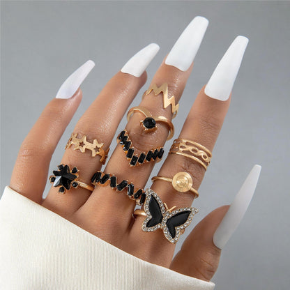 9pc Butterfly Rose Ring Set