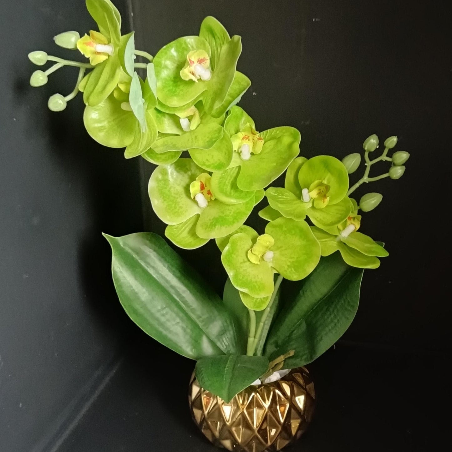 Lime Green Artificial Orchid in Gold Textured Ceramic Vase