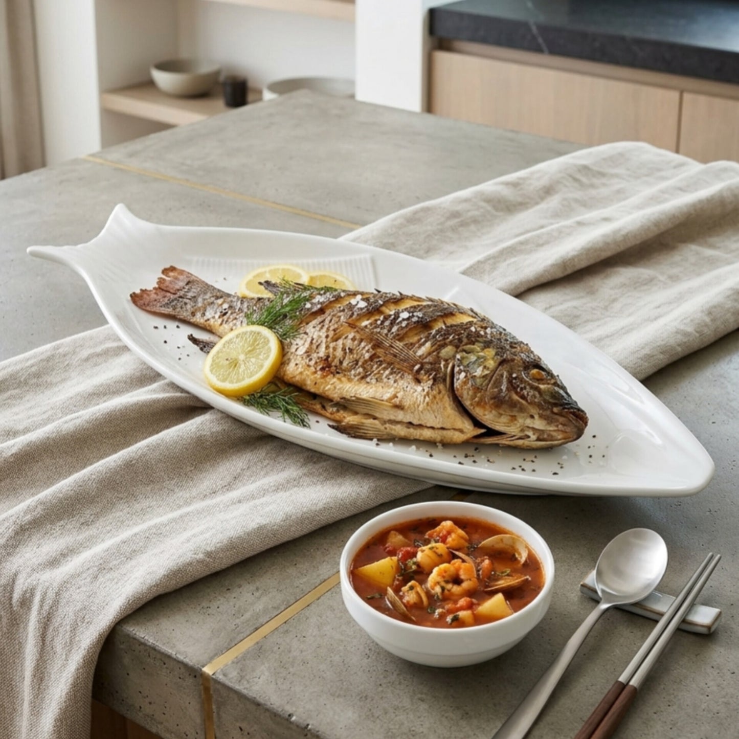 12 Piece Ceramic Fish Plate   and Sauce Bowl Set