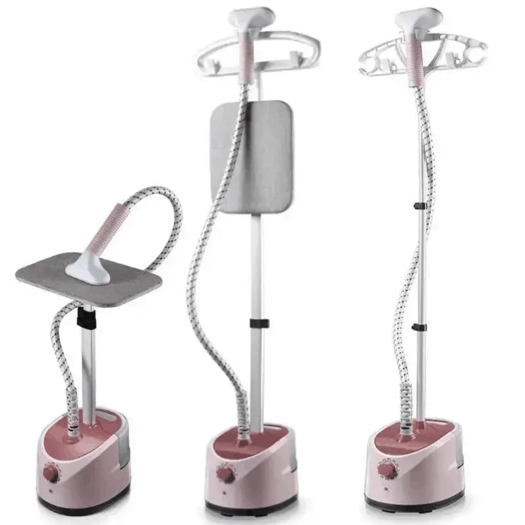 2000W Vertical garment steamer with a large 1.6L base, a telescopic pole, a steam hose, a built-in adjustable mini-ironing board, and a clothes hanger attachment.