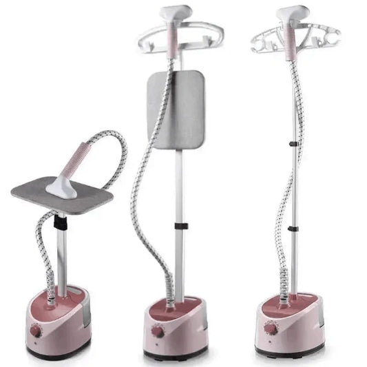 2000W Vertical garment steamer with a large 1.6L base, a telescopic pole, a steam hose, a built-in adjustable mini-ironing board, and a clothes hanger attachment.