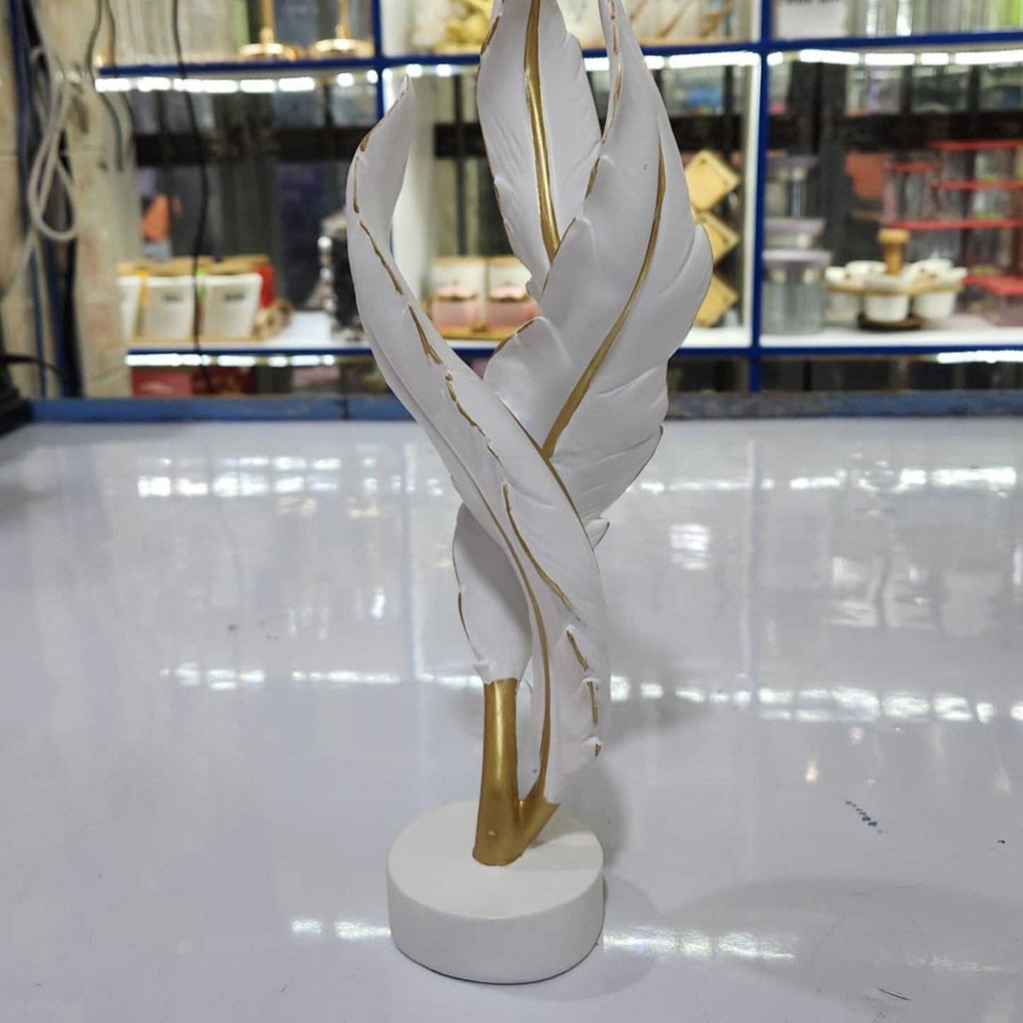 White and Gold Resin Feather Art Ornament