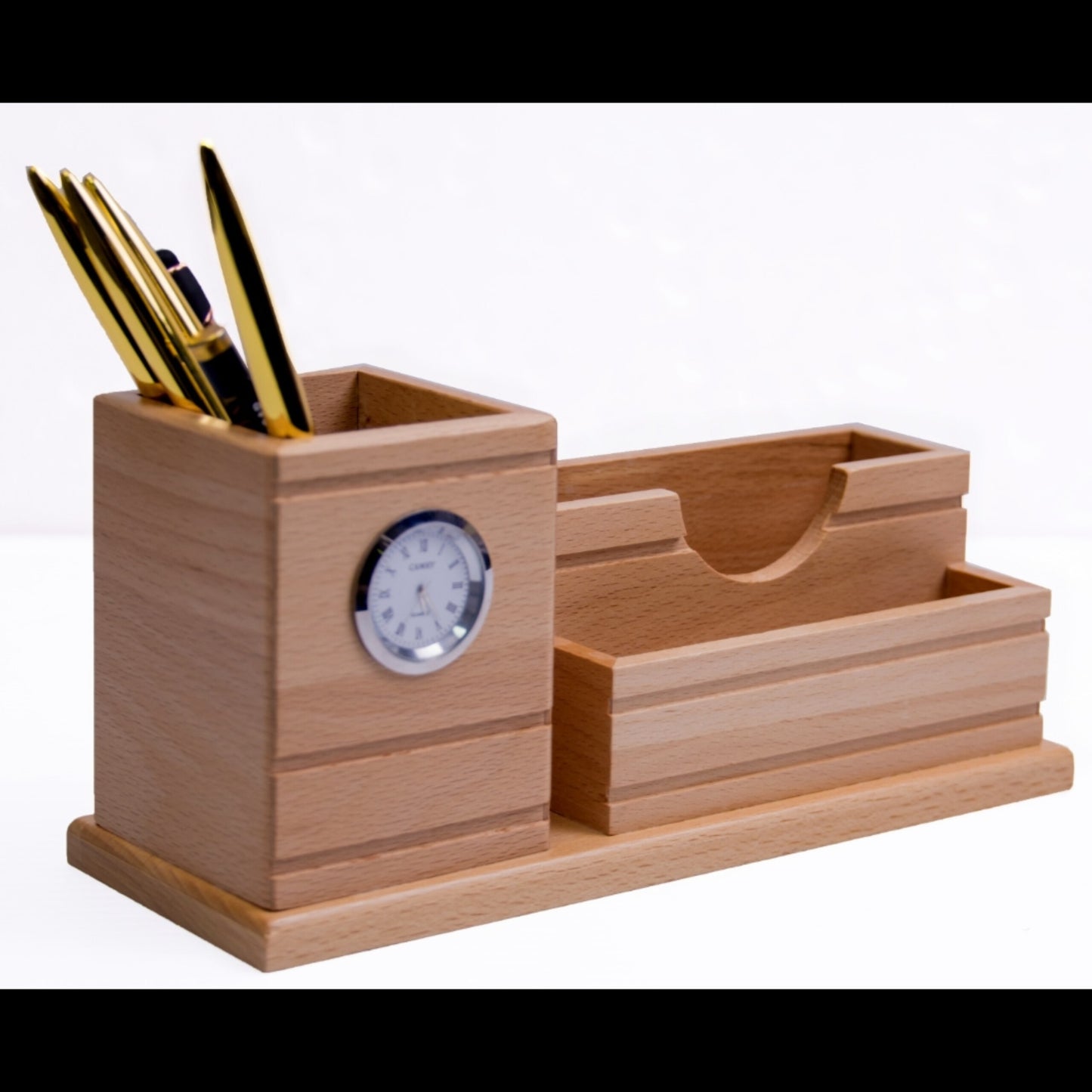 Wooden desktop organizer with clock