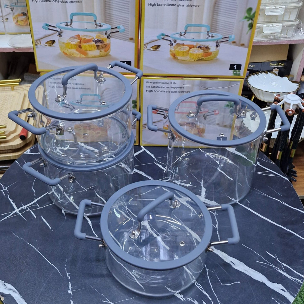 4Pcs Transparent Borosilicate Glass Cookware Pot Set
