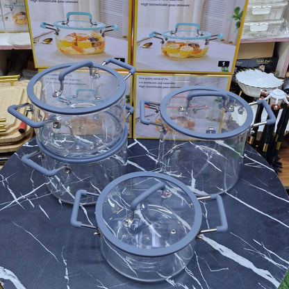 4Pcs Transparent Borosilicate Glass Cookware Pot Set
