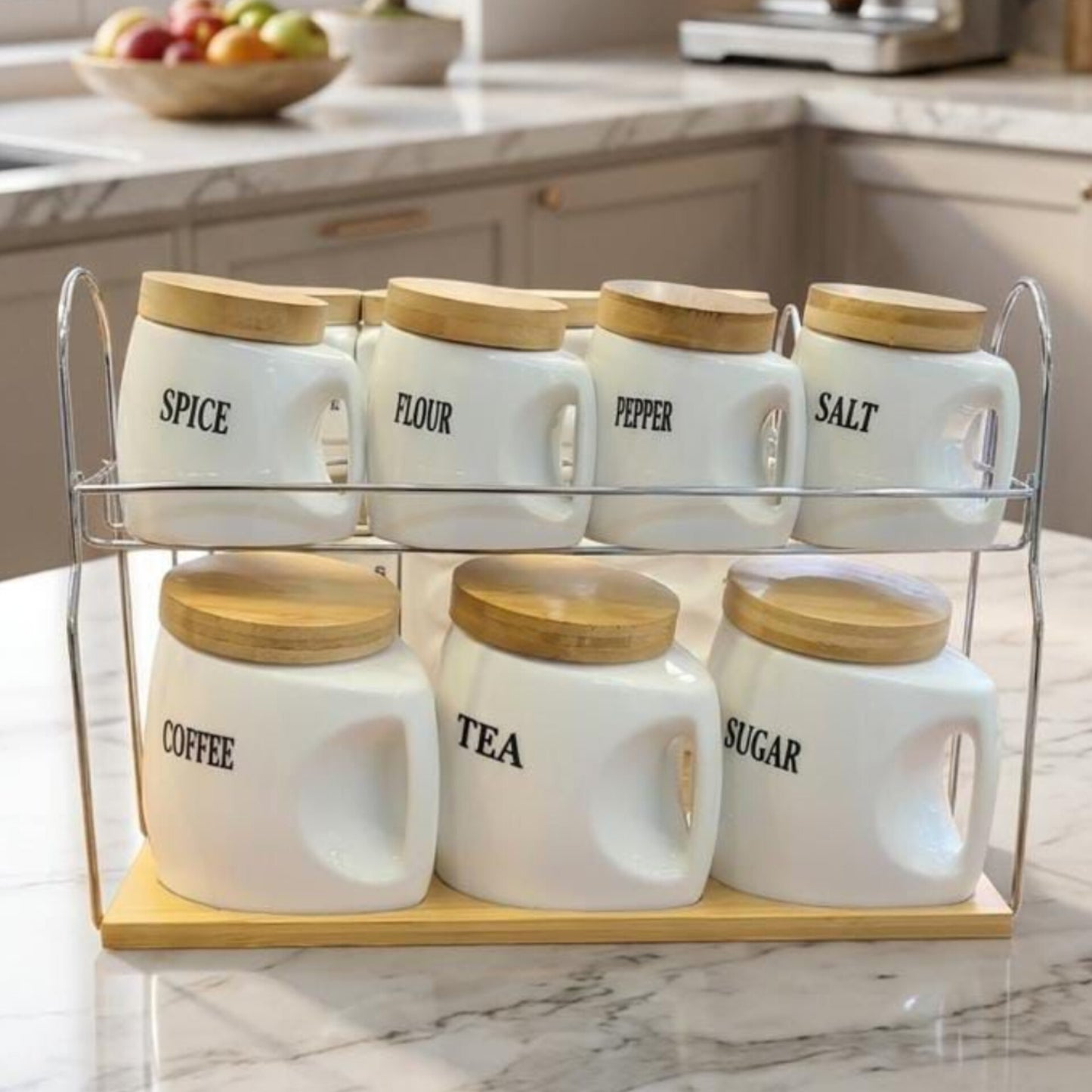 8 Pcs Ceramic Canister Set with Bamboo Lids and Tray