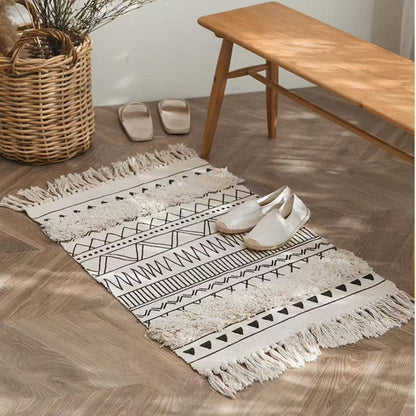 Bohemian bedroom rug with tassels