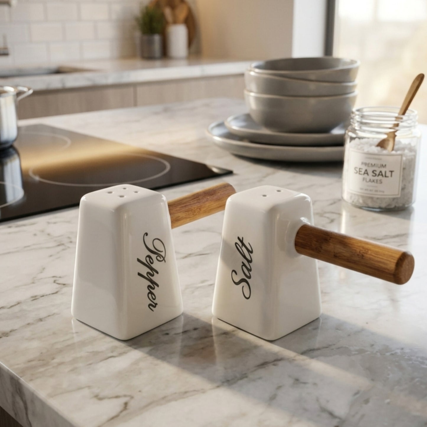 Double Salt and Pepper Shaker Set with Bamboo Stand
